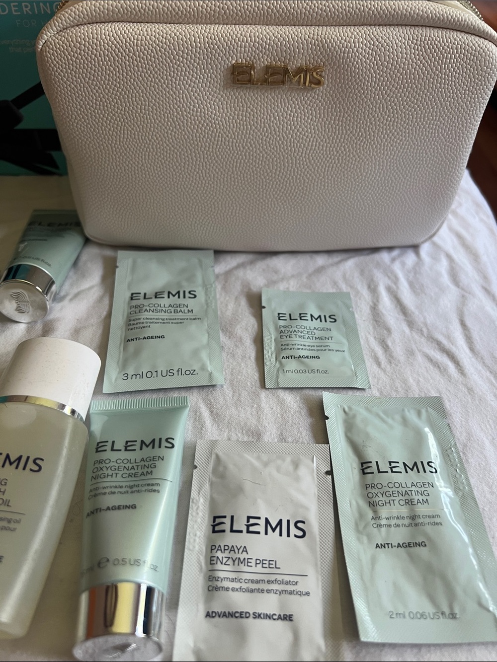 ELEMIS Pale, Navy, Mint bags, Sample Skincare Set, Cream Pouf and Shower Cream